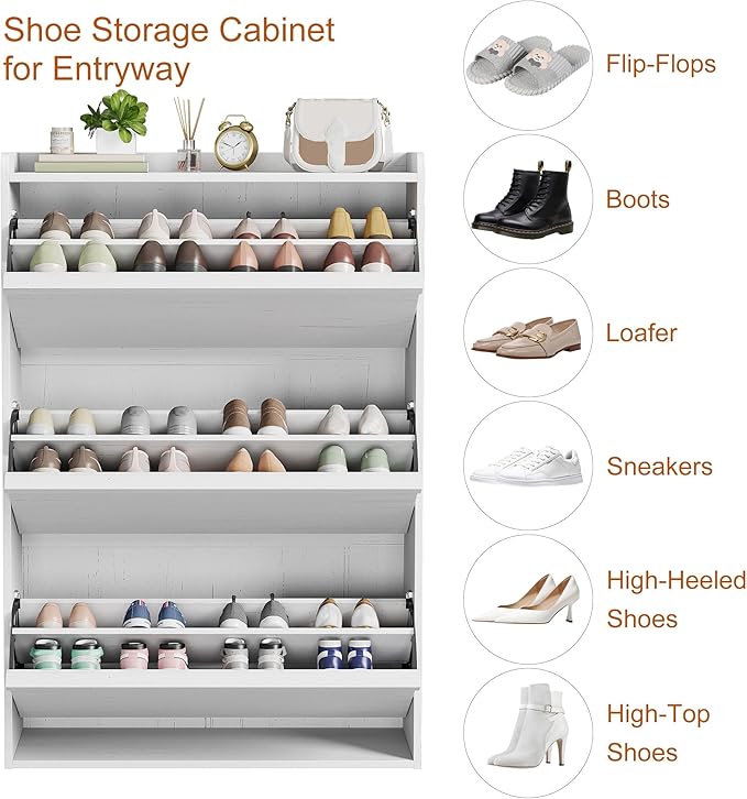 GarveeHome Shoe Cabinet with 3 Flip Drawers, Wooden Shoe Organizer with Adjustable Shelf, Shoe Storage for Entryway, Hidden Shoe Cabinet for Hallway, Living Room, White - Image 5