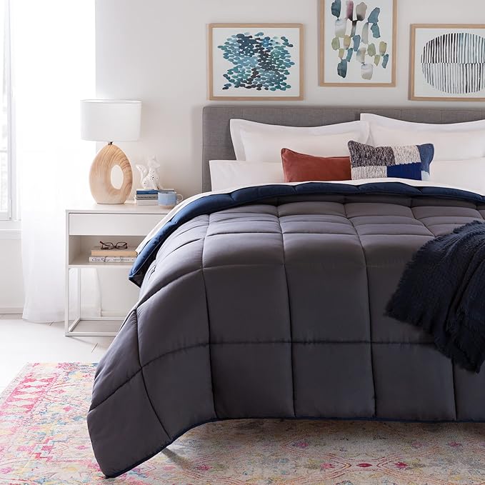 Linenspa Reversible Down Alternative Comforter and Duvet Insert, for Twin XL Size Bed – All-Season Comforter with Box Stitch and 8 Duvet Loops – Bedding for Kids, Teens, and Adults – Navy / Graphite