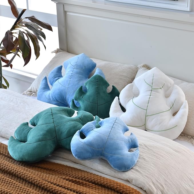 19.6 Inch Dark Green Leaf-Shaped Cotton Fill Decorative Throw Pillow for Bed Couch, Nature-Inspired Leaf Pillow