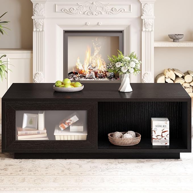 HSH Black Coffee Table, Modern Low Coffee Table for Living Room, Rectangle Coffee Tables with Sliding Door, Large Wood Center Tables with Storage Open Shelf, 47 Inch