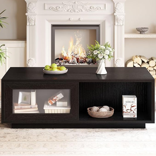 HSH Black Coffee Table, Modern Low Coffee Table for Living Room, Rectangle Coffee Tables with Sliding Door, Large Wood Center Tables with Storage Open Shelf, 47 Inch