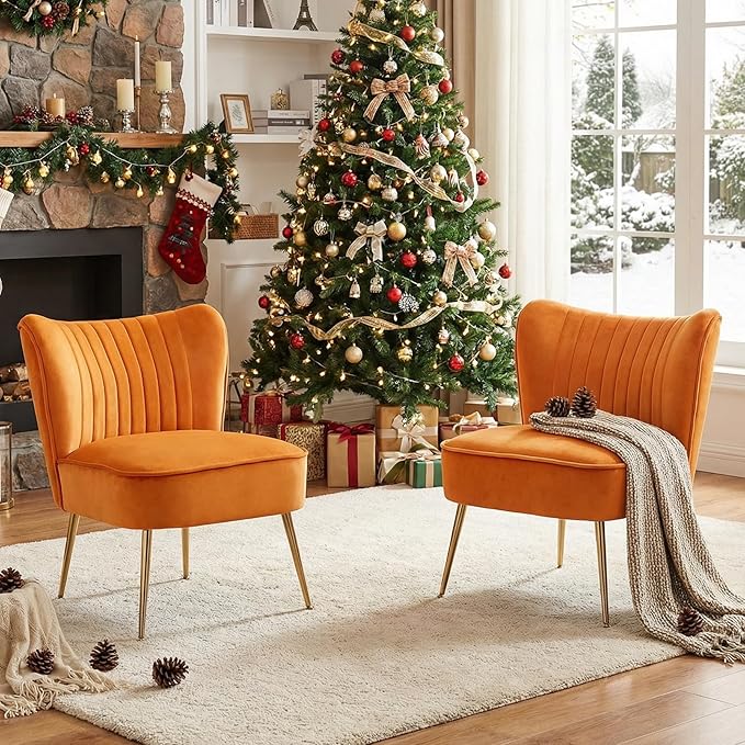 DUOMAY Modern Accent Chair Set of 2 Velvet Slipper Chair with Gold Legs Wingback Side Chair for Living Room Bedroom Entryway Small Corner Chair for Space Saving, Orange