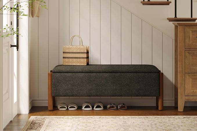 Modern Storage Benches with Walnut Wood Legs, 47'' Ottoman Bench with 20 Gallons Storage Space for Bedroom End of Bed, Fabric Upholstered Entryway Bench with Seating for Livingroom, Gray - Image 4