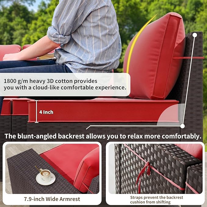 Gotland 6 Pieces Patio Furniture Set with 1 Coffee Table, 5 Seater Rattan Outdoor Sectional with Wide Armrests 29.5'' High Backrest Thick Waterproof Cushions, Conversation Sets for Deck Garden Red