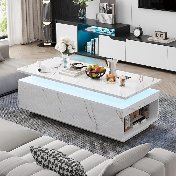 47" Modern LED Coffee Table with Wireless Charging, Bluetooth Speaker, and USB Ports, High Glossy Marble Coffee Table with Large Open 2-Tier Storage and Shelves for Living Room - White