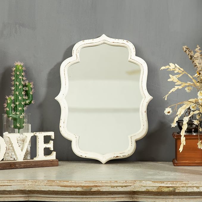 Vintage Small Scalloped Wall Mirror Decorative 16" x 12", Hanging Rustic Distressed White Bathroom Mirrors for Vanity, Farmhouse Wood Quatrefoil Wall Mounted Mirror for Living Room - Image 9