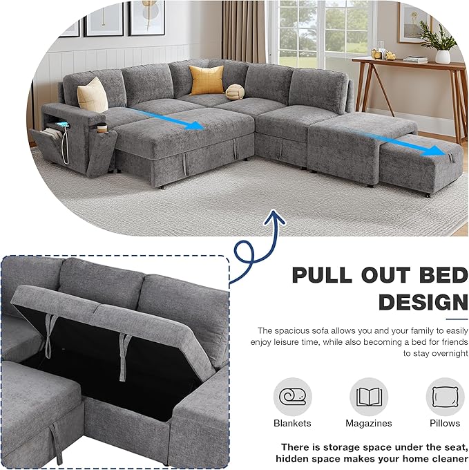 ERYE L-Shaped Multifunctional Sleeper Sectional with Hidden Storage and Cupholders, Modern Pull Out Sleeper Convertible Sofa Bed W/Storage Chaise, Ottoman, USB-C Ports