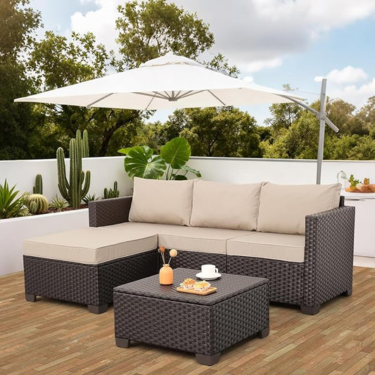 Patio Furniture Set 3 Piece Outdoor Sectional Sofa Set with Wicker Couch, Ottoman, Patio Table with Storage All-Weather Non-Slip Cushions and Waterproof Covers, Khaki