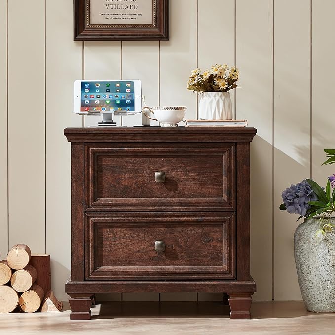 SAVOR LIFE Farmhouse Nightstand with Charging Station, Rustic Low Night Stand with 2 Drawers, Mid-Century Modern End Table with 4 Square Solid Wood Legs, Small Dresser for Bedroom, Home, Walnut - Image 7