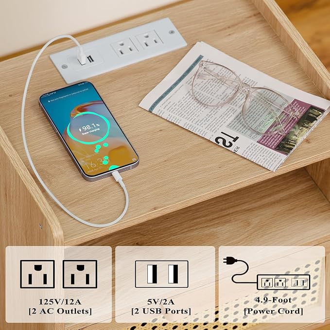 Lerliuo Rattan Nightstand with Charging Station, Boho Night Stand with Handmade Natural Rattan Drawer and Open Shelf, Cane Accent Side End Tables with Solid Wood Legs for Bedroom, Dorm, Small Spaces - Image 6