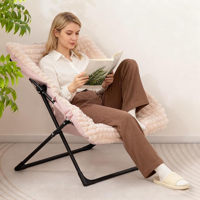 HollyHOME X-Large Saucer Chair, Comfy Oversized Folding Chair, Faux-Fur Reading Chair for Teens, Adults, Foldable Accent Chair, Metal Lounge Chair for Living Room, Bedroom, Dorm, Grid Champagne Pink