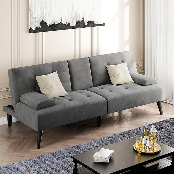 Shintenchi Futon Sofa Bed, Velvet Foldable Couch, Reclining Sleeper with Removable Armrests, Upholstered Loveseat Sofa Couch with Folding Cup Holders for Home, Office, Dark Gray