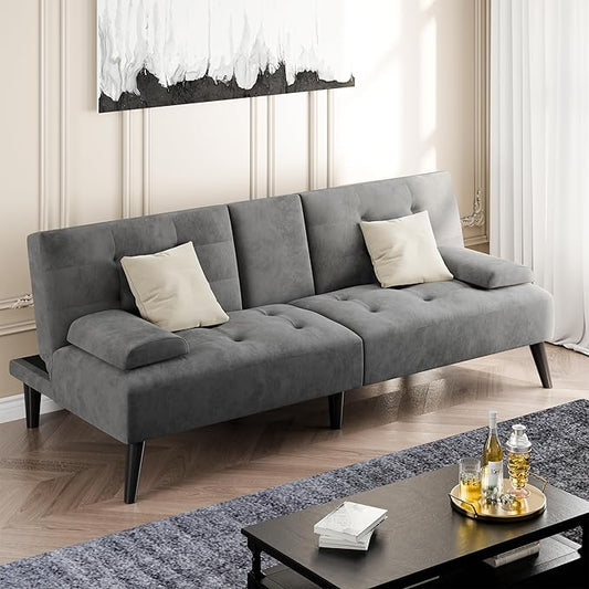 Shintenchi Futon Sofa Bed, Velvet Foldable Couch, Reclining Sleeper with Removable Armrests, Upholstered Loveseat Sofa Couch with Folding Cup Holders for Home, Office, Dark Gray