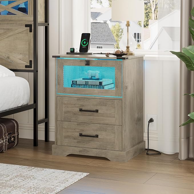 Hasuit Farmhouse Night Stand with LED Lights and Charging Station, Rustic Oak Nightstand with 2 Drawers, and Cubby with Wire Mesh Door, Bedside End Table for Bedroom - Image 6