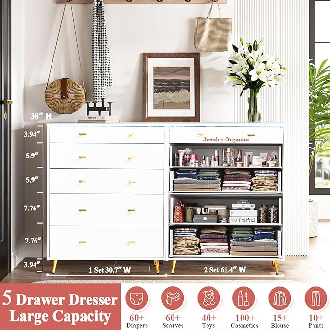 Closet Island with Drawers, Glass Top, Closet Island with LED Lights, Jewelry Dresser Display and Bedroom Island & Walk-in Closet Island for Bedroom, Cloakroom, White