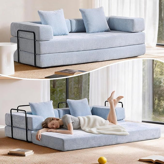 Convertible Floor Sofa Bed, Fold Out Floor Couch with Pillow Back & Armrest, Compressed Couch with Fixed-Shape Frame, Chenille Foldable Sleeper Sofa Bed for Living Room Bedroom, Light Blue