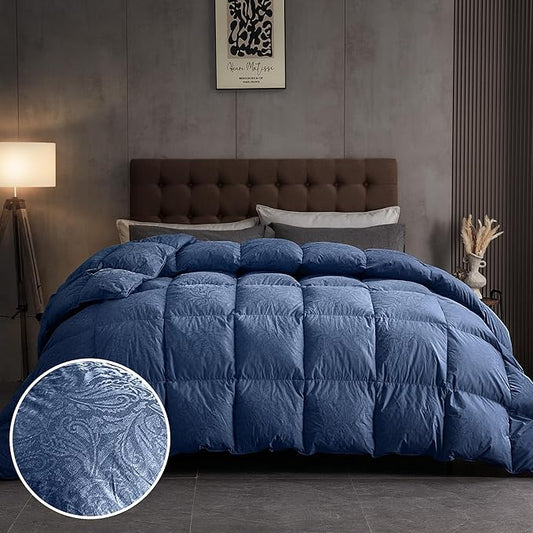 DAICO Goose Feather Down Comforter King Size, All Season Luxury Hotel Fluffy Duvet Insert, Ultra Soft 100% Cotton Shell with 8 Corner Tabs, Paisley Design (106x90'', Navy Blue)