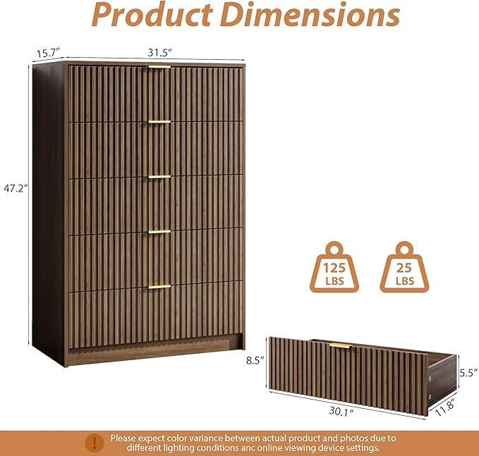MAISONARIA Walnut 3-Piece Living Room Sets, 5 Drawers Dresser & 2 Drawer Nightstands with Hidden Handles, Wood Chest of Drawers for Living Room, Entryway