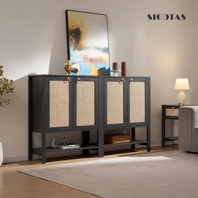 SICOTAS Rattan Shoe Storage Cabinet - 5 Tier Farmhouse Boho Shoe Storage Organizer Cabinet with Doors and Shelves, Tall Shoe Rack for Entryway, Hallway, Living Room, Closet (Obsidian) - Image 8
