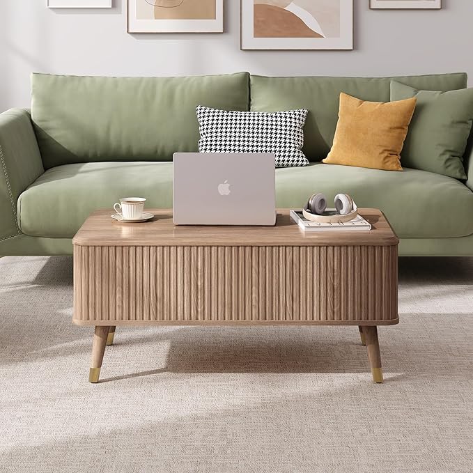 Lift Top Coffee Table with Storage, Mid Century Modern Rectangular Center Table, Fluted Design with Hidden Compartment, Rising Desk for Work from Home, Living Room Furniture, Oak Finish