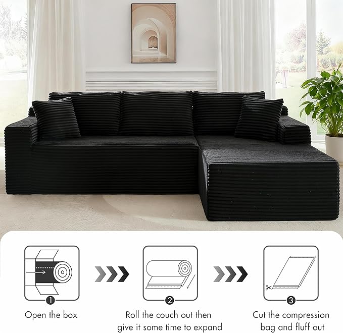 Casaphoria 103" Modular Sectional Sofa, L-Shape Sectional Cloud Couch with Chaise and Deep Seat,Upholstered Couches for Living Room Bedroom, No Assembly Required, Black