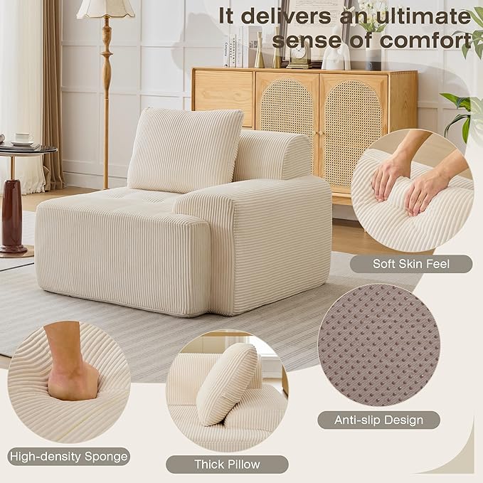 Modular Sectional Sofa, Boneless Couches for Living Room, Corduroy Couch, Big Comfy Couch, Modular Cloud Sofa with Deep Seat (White, 1 Piece-Right Armchair)