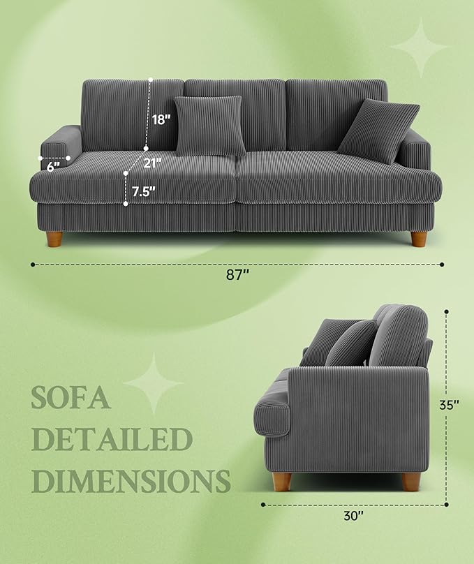 87.2" Couches for Living Room, Comfy Grey Couch 7.5" Extra Thick Cushion, Sofas for Living Room Tool-Free Setup, Loveseat Sofa 848lbs Support, Corduroy Couch for Bedroom, Apartment, Office