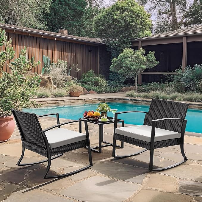 Homall Patio Furniture Set 3 Piece Resin Outdoor Bistro Set Rocking Patio Chairs with Cushions and Table for Porch, Poolside, Balcony and Yard (White) - Image 6