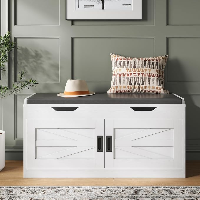 IRONCK Shoe Bench with Lift Top Storage, 42.4" Entryway Bench with Wider Cushioned Seat, End of Bed Bench with Adjustable Shelf & 2 Doors for Hallway, Bedroom, White - Image 9