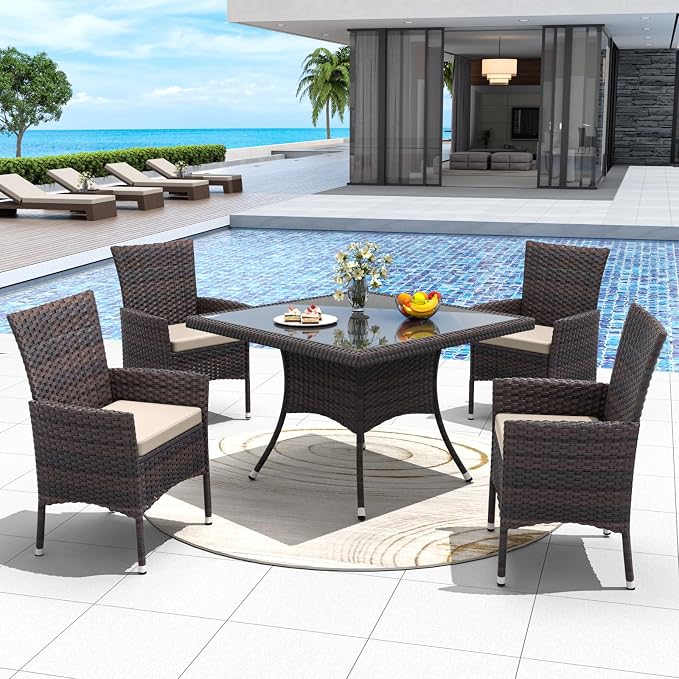 ALAULM 5 Piece Patio Dining Set All-Weather Wicker Outdoor Furniture Set w/Tempered Glass Tabletop, Removable Cushions and Umbrella Hole for Patio, Backyard, Garden, Poolside（Brown） - Image 6