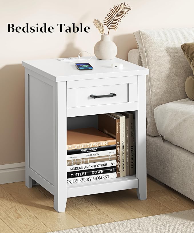 Decofy Farmhouse Nightstand with Charging Station & Large Storage, Set of 2 Modern End Tables with Outlets, USB Ports and Type-C Ports, Easy Assembly for Bedroom (Pure White) - Image 4