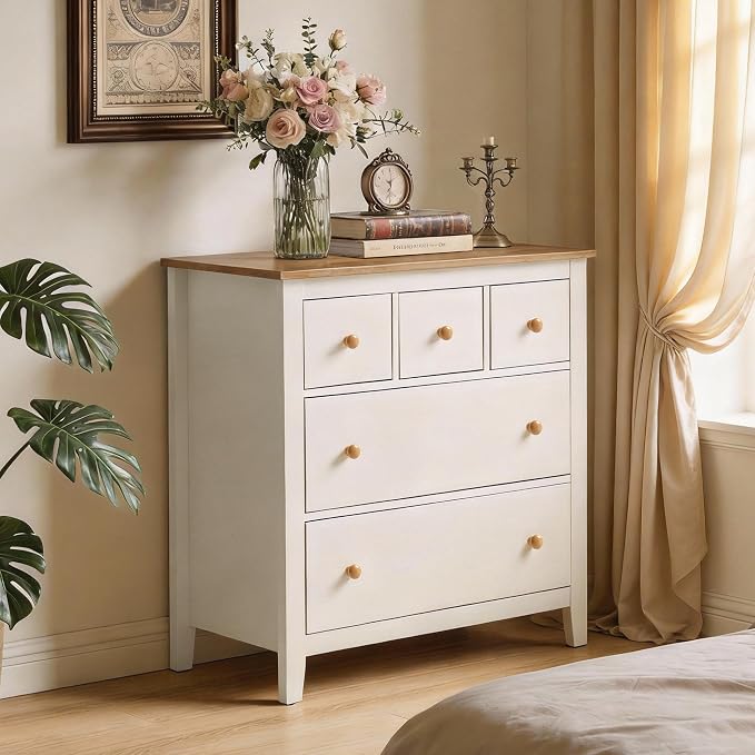 RoyalCraft Large Nightstand with 5 Drawers, White Nightstand for Bedroom, Modern Wood Bedside Table with Solid Wood Knobs, Accent Side Table for Hallway by Bringyoubetterlife