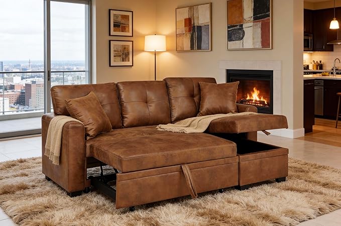 Sectional Sleeper Sofa with Pull Out Bed, L Shape Convertible Sofa Bed Couch with Storage Chaise, 3 in 1 Pull Out Sofa Bed with 3 Seats, for Living Room,Apartment, PU Brown, 76 Inch