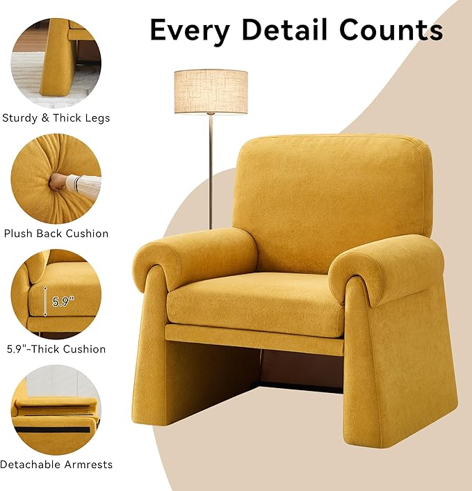 Oversized Accent Chair, Comfy Living Room Chairs, Single Sofa Chair with Thick Cushion and Armrests, Upholstered Arm Chair for Living Room, Modern Armchair, Reading Chair for Bedroom, Yellow