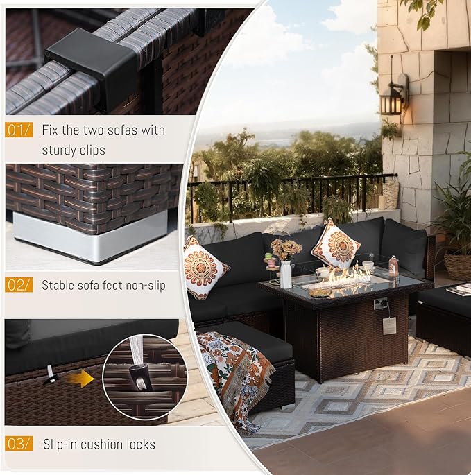 BULEXYARD 7-Piece Outdoor Patio Furniture Set with Propane/Natural Gas Fire Pit Table, High-Back Extra Large Backyard Sectional Couch Sofa, Cozy Wide Deep Seating Group, Brown Rattan & Black Cushion