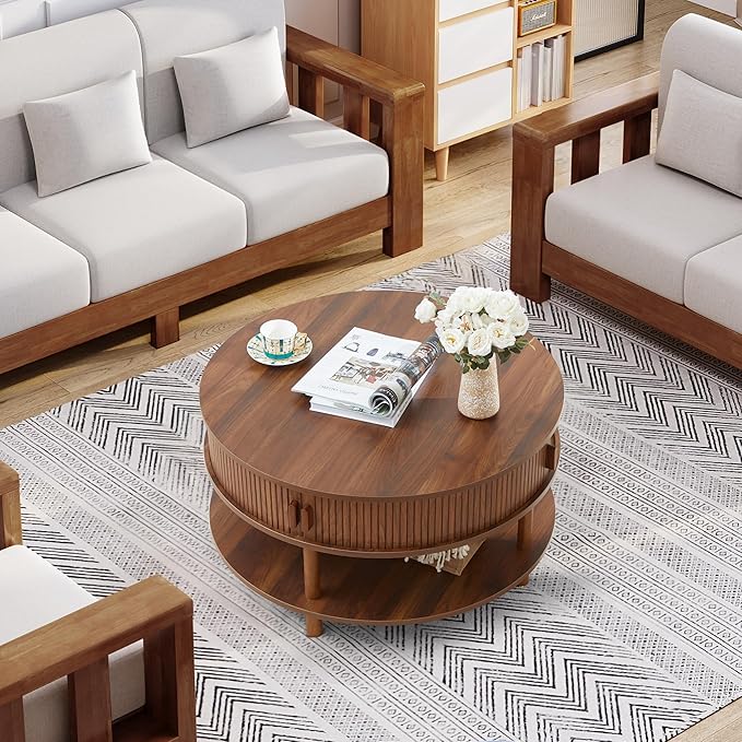 31.5” Round Coffee Table with Storage, Mid Century Modern 2 Tier Coffee Table with Tambour Sliding Door, Solid Wood Legs Fluted Center Table for Living Room Home Office Small Space, Walnut