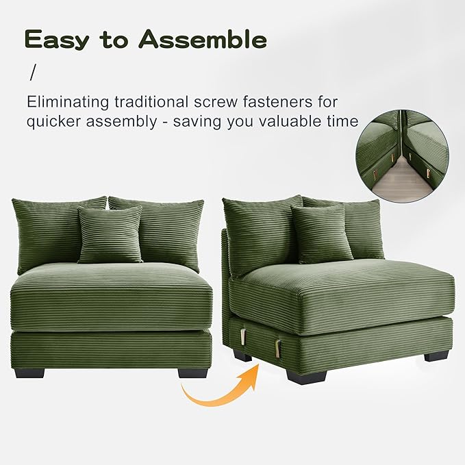KEIKI 168" U-Shaped Oversized Corduroy Modular Cloud Sectional Sofa with 2 Ottoman, High-Density Foam Cushion, Extra-Thick Armrest, 4-Seater Fluffy Corner Couch with 12 Pillow, for Living Room, Green