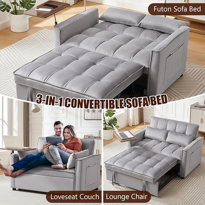 3 in 1 Sleeper Sofa Couch Bed, Pull Out Loveseat with Storage, Full Size Velvet Convertible Chair with 2 Pockets & 2 Pillows for Living Room, Grey