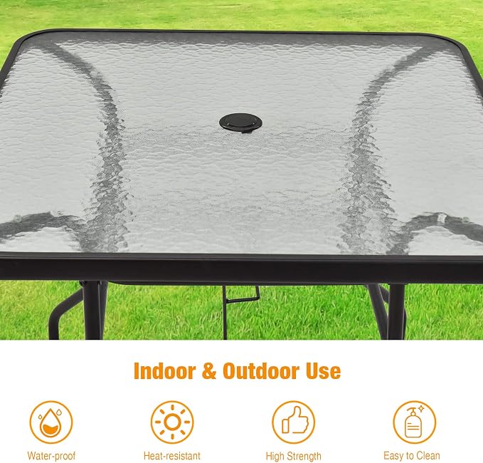 Tangkula 32" Square Outdoor Dining Table with Tempered Glass Top, Outside Bistro Table with 2" Umbrella Hole & Metal Frame, Patio Dining Table for Backyard, Lawn, Deck & Poolside - Image 8