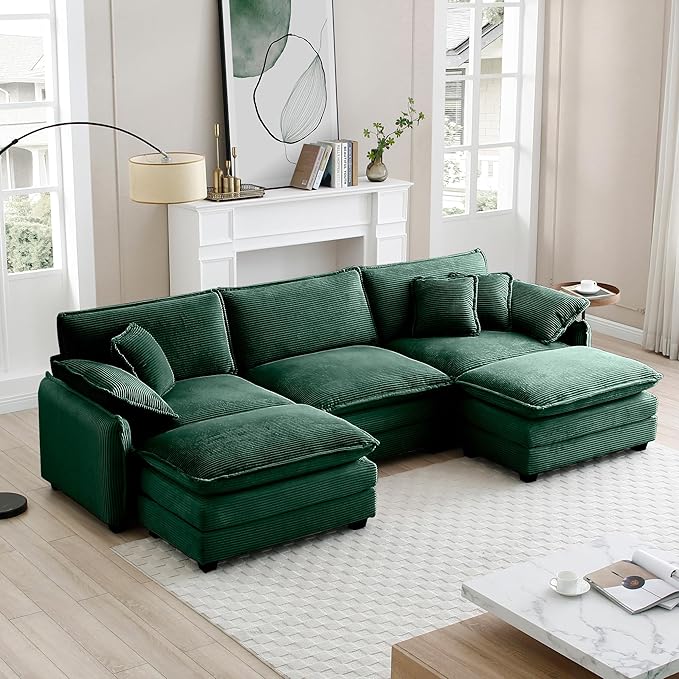KEIKI 115" U-Shaped Oversized Corduroy Modular Sectional Sofa with 2 Ottoman, High-Density Foam Cushions, Removable Armrests, Upholstered 3-Seater Corner Couch with 5 Pillow, for Living Room, Green