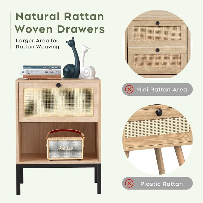 Yechen Set of 2 Rattan Nightstands with Drawer & Open Shelf, Boho Bedside Table with Natural Cane, Wood End Table with Metal Legs for Bedroom, Small Spaces, Natural Oak - Image 6