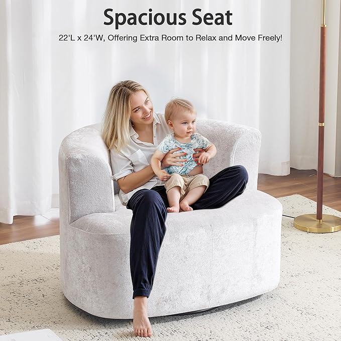 Oversized Swivel Accent Chair, Modern Curved Back Single Sofa Chair, Comfy All-Foam Compression Upholstered Round Armchair with Pillow,Cozy Chenille Barrel Chair for Living Room,Bedroom(Beige)