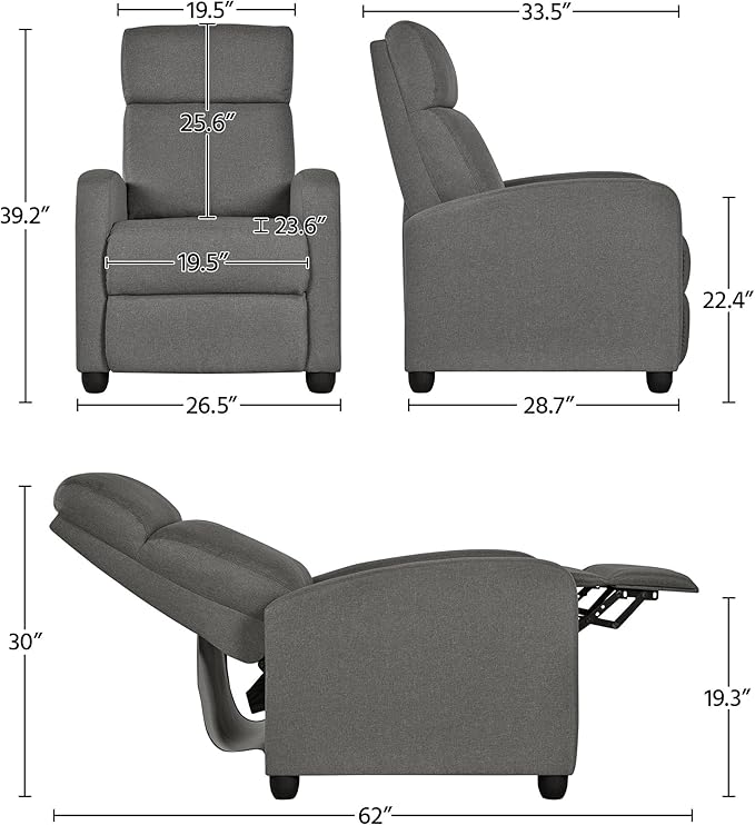 Topeakmart Fabric Recliner Sofa Push Back Recliner Chair Adjustable Modern Single Reclining Chair Upholstered Sofa with Pocket Spring Living Room Bedroom Home Theater Light Grey