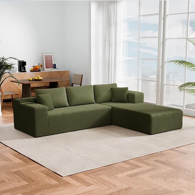 Cloud Sectional Couch, 105" Modular Sectional Sofa with Left Chaise Lounge, Modern Modular L-Shape Sofa with Pillows & Deep Seat, Wool Fabric Boneless Couches for Living Room Bedroom, Green
