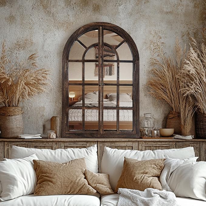 AMOISE Arched Wall Mirror with Window Pane Design 38 x 26 Inch Rustic Farmhouse Wood Decorative Mirror for Living Room Bedroom Entryway - Image 3
