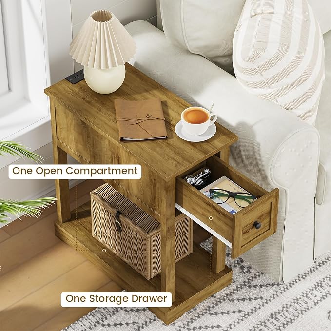 Farmhouse Nightstand with Charging Station, Side Table with Storage, Thicken Base, for Bedroom, Brown - Image 5