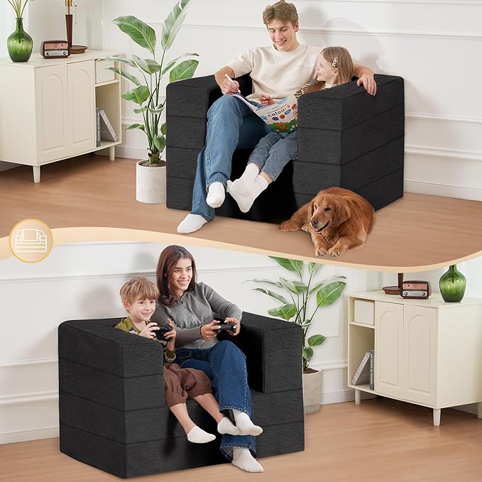 Futon Sofa Bed with Pillow, 3-in-1 Sleeper Sofa Bed with Removable Cover, Convertible Floor Sofa Bed, No Assembly Boneless Couch for Living Room, Bedroom