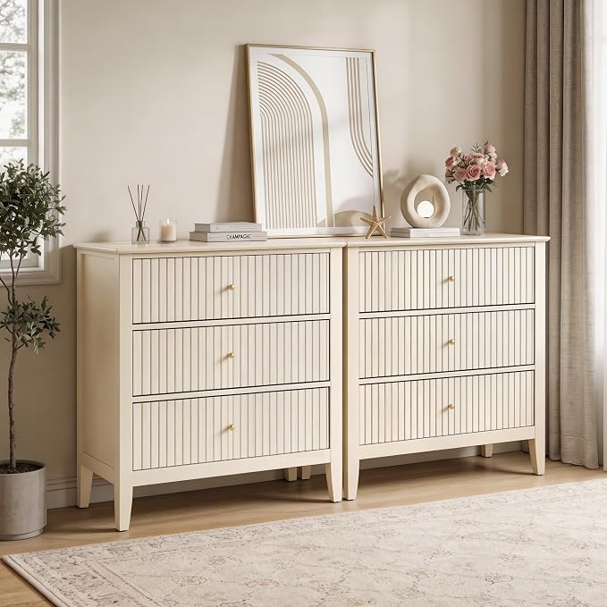 RoyalCraft Large 3 Drawer Dresser Set of 2, Fluted Wood Drawers for Bedroom, Modern Painted 30 inch Wide Nightstand for Bedroom, Entryway, Beige by Bringyoubetterlife