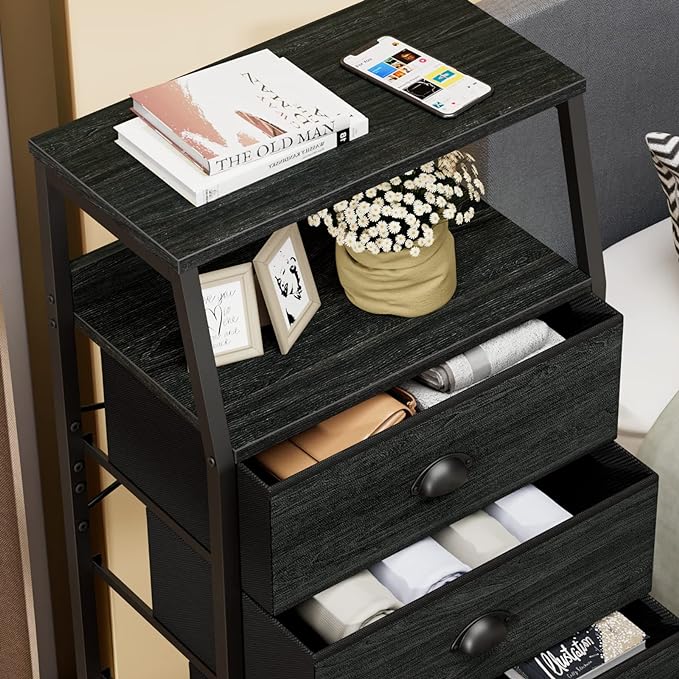 Furnulem Black Dresser with 5 Drawers, Vertical Storage Tower Fabric Dresser for Bedroom, Hallway, Entryway, Nursery, Closet Organizer, Nightstand Bedside Table Furniture, Sturdy Steel Frame, Wood Top - Image 4