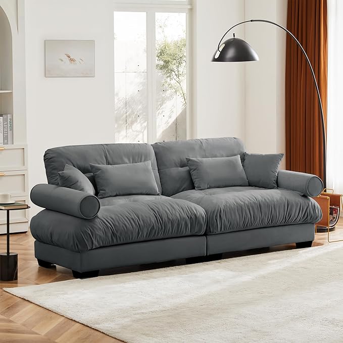 KEIKI 94" Oversized Velvet Modular Sectional Loveseat Sofa with High-Density Foam Cushions and Bolstered Armrests, Upholstered Modern Style 2-Seater Cloud Couch with 4 Pillow, for Living Room, Grey